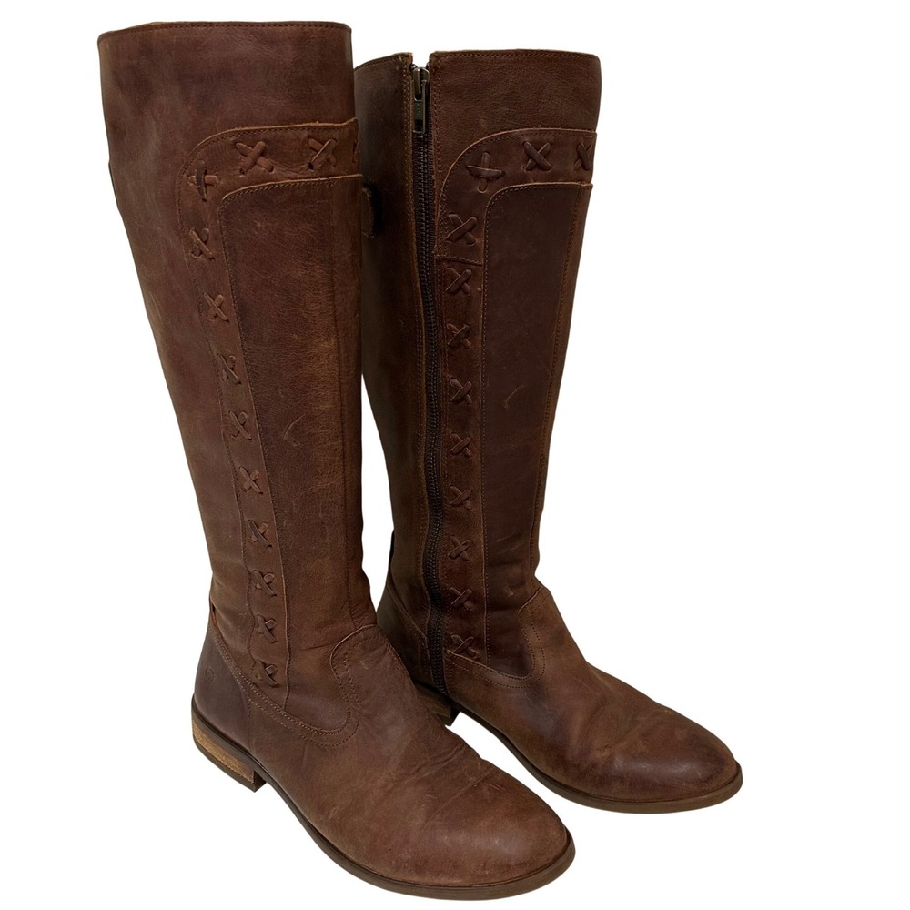 Born Albi Brown Leather Tall Knee High Boots Cross Stitch Detail Womens 8 39